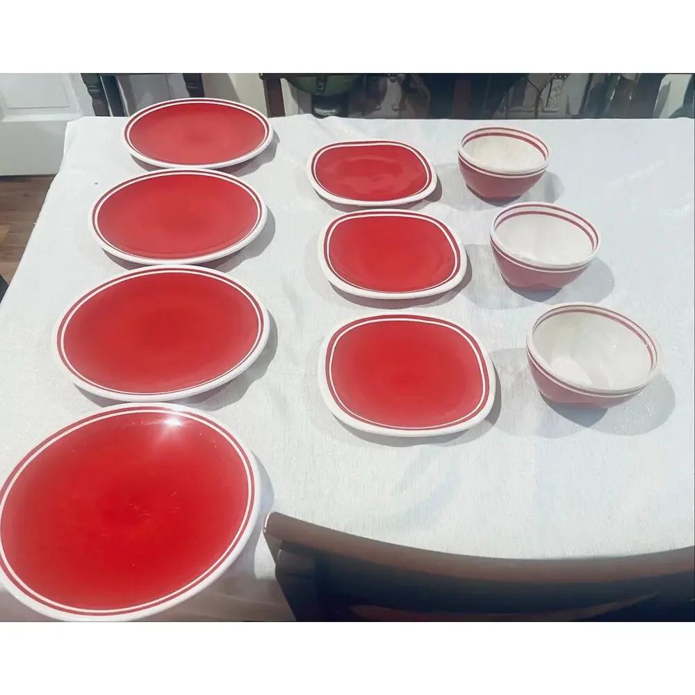 DANSK Circa Red Stoneware.  Hand painted Red & White. Rare vintage pattern. 10pc